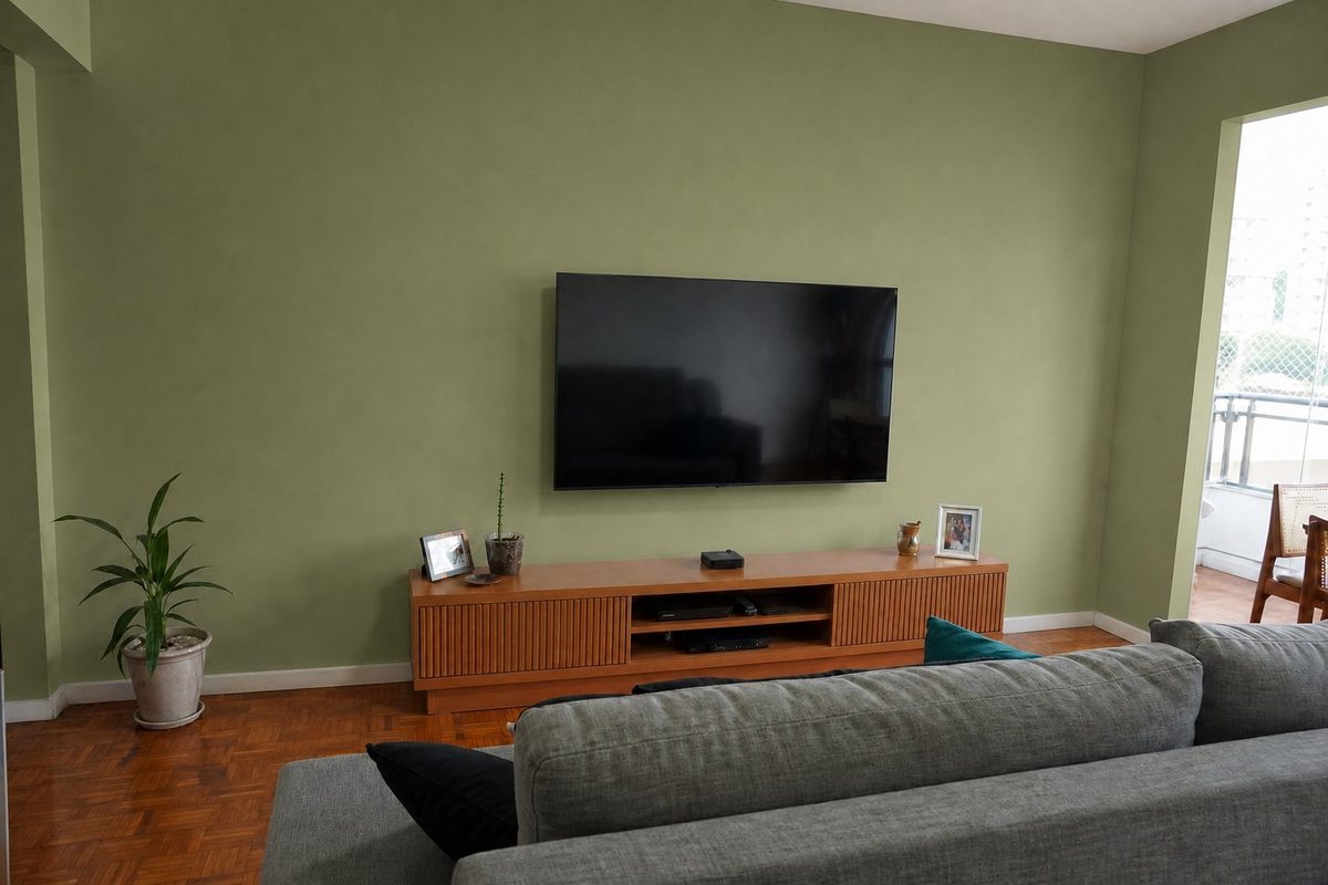 A mesma sala de TV com a parede em verde oliva